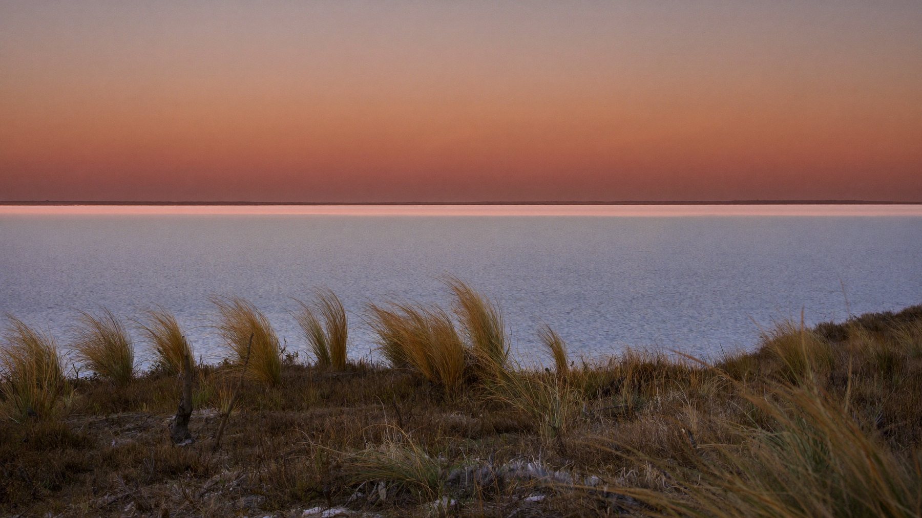 The white salt pan at dusk seen from the dunes